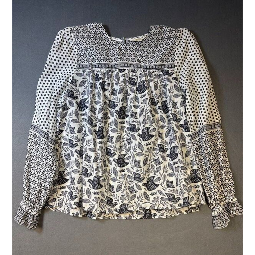 Boden Gracie Cotton Blouse Size 10 Blue White Multi Pattern Elasticated Sleeves